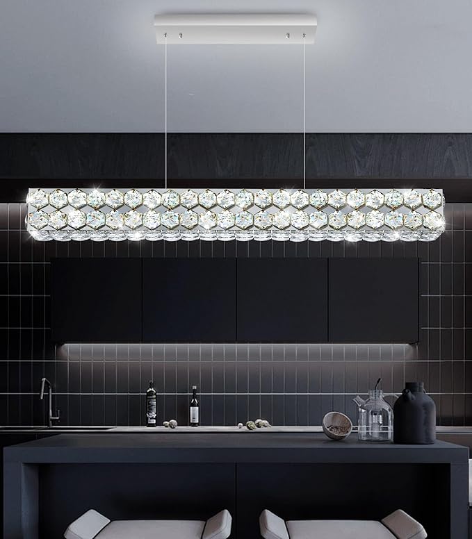 40'' Modern Crystal Chandelier for Dining Room Ceiling Light Fixture for Living Room Hallway Lighting LED Dimmable with Remote Silver