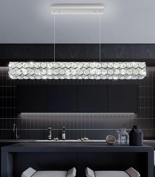 40'' Modern Crystal Chandelier for Dining Room Ceiling Light Fixture for Living Room Hallway Lighting LED Dimmable with Remote Silver