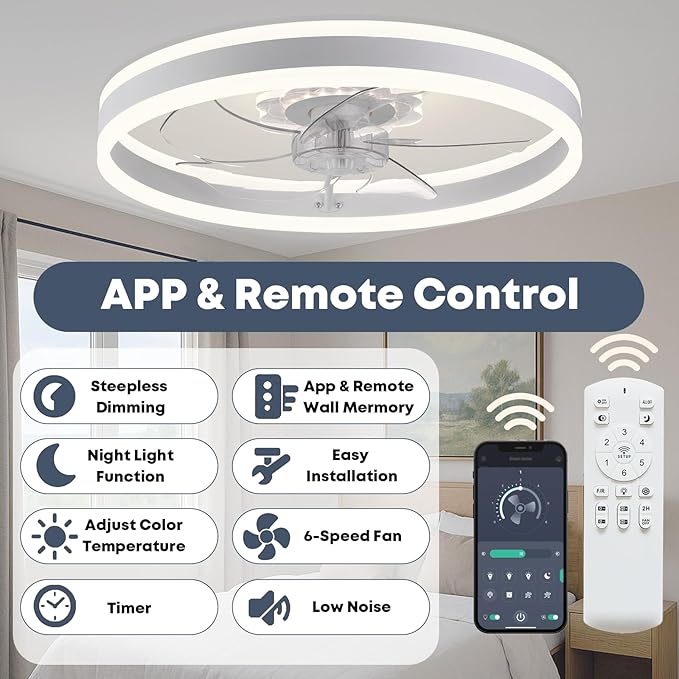 Fszdorj Ceiling Fan with Light, Upgraded 20‘’ Low Profile Fan, Flush Mount Ceiling Fan, 6 Speeds, Dimmable LED, App & Remote Control, Quiet DC Motor, For Bedroom, Living Room, F105 White