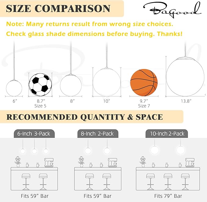 Bagood 10" Globe Pendant Light Gold 2 Pack Mid Century Pendant Light Globe Pendant Lights Kitchen Island Brushed Brass Finished with Clear Glass Adjustable Ceiling Light Fixtures for Dining Room Bar