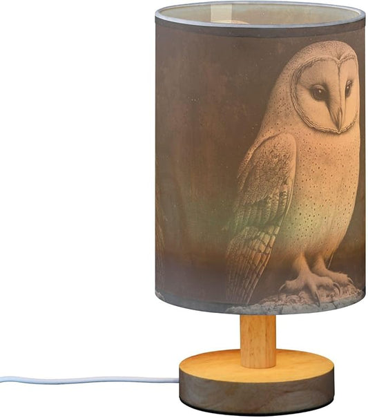 Table Lamp Owl Night Sky Nightstand Lamp with Wood Base Fabric Lamp Shade Bedside Desk Lamp for Living Room Bedroom Kids Room Office