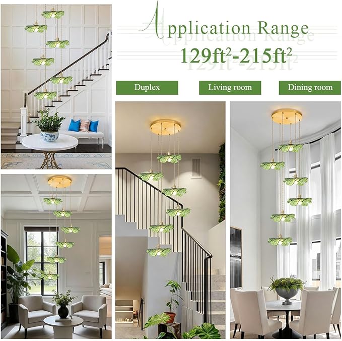 Long High Ceiling Chandelier with Green Blown Flower Glass Shade Vintage Flush Mount Ceiling Hanging light Gold brass pendant light 5 light Ceiling Chandeliers for Staircase Foyer Entryway Living