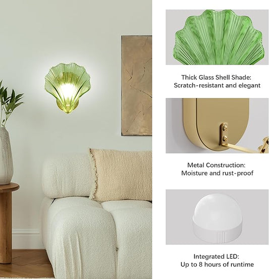 Vintage Battery Operated Wall Sconces with Remote, Green Rechargeable Wireless Wall Sconces with Magnetic LED Bulbs, Indoor Shell Shaped Wall Lights for Living Room, Bedroom, Bedside, Doorway
