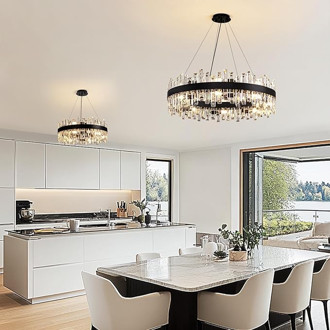Modern Crystal Chandelier 16-Light Black Round 2 Tiers Raindrop Chandelier for Dining Room Luxury Large Flush Mount Ceiling Light for Living Room Entryway Foyer Bedroom D31.5''
