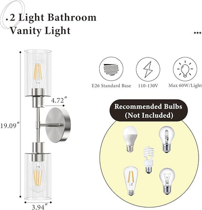 Bathroom Light Fixtures 2 Light Brushed Nickle, Bathroom Vanity Lights Over Mirror, Bathroom Sconces Wall Lighting，Farmhouse Vanity Light, Modern Vanity Lights with Clear Shades