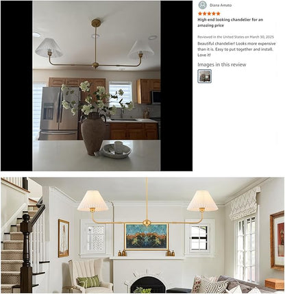 Gold Linear Chandelier, 2-Light Modern Chandelier for Dining Room Light Fixture, Kitchen Island Lighting with White Fabric Shade Linear Pendant Lights for Restaurant, Living Room, Bedroom