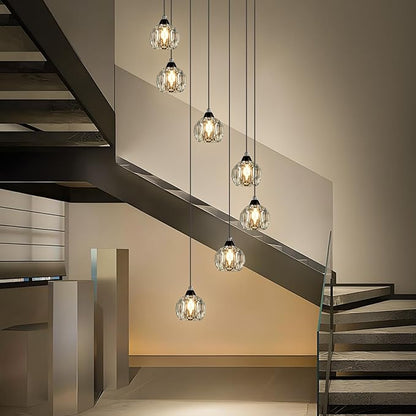 Weesalife Crystal Chandeliers for Staircases, 7-Light Black Modern Chandeliers for High Ceilings，Crystal Pendant Light Fixture for Living Room Kitchen Island Foyer Hallway Bar