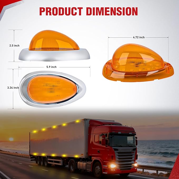 Nilight 2PCS 6 Inch Amber Teardrop Oval Side Marker Lights with Turn Signal 18 LED Amber Lens Chrome Housing IP67 Waterproof Universal Surface Mount Lamp for Freightliner Trucks Trailers Sleeper Cab