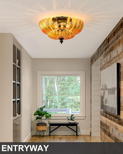 ANYLOVE Modern 12Inch Amber Flower Glass Semi Flush Mount Ceiling Light, 3 Light for Living Room Bedroom Hallway Entryway Foyer