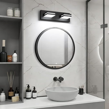 SineRise LED Modern Bathroom Vanity Light Fixtures (2-Light, 15.5-Inch), Matte Black Modern Acrylic Bathroom Wall Lighting Fixtures Over Mirror (Cool White 6000K)