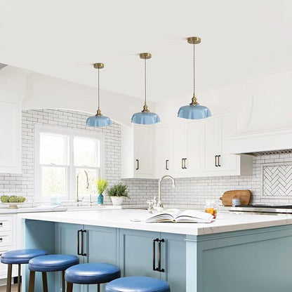 Gold Pendant Light with Vintage Glass Pendant Lampshade,Adjustable Height,E26 Base,Kitchen Dining Room Restaurant,Color Blue
