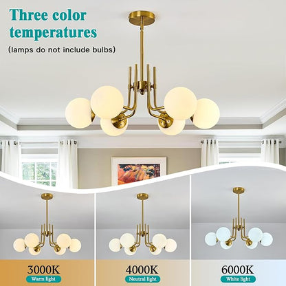 hesoge 6 Light Modern Sputnik Chandelier with Milk White Glass Globe Mid Century Gold Pendant Light Semi Flush Mount Ceiling Light Fixture for Dining Room Living Room Kitchen Entryway.
