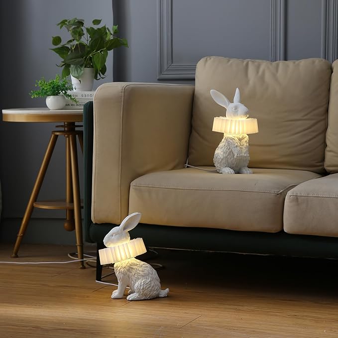 Cute Scarf Bunny Table Lamp, Resin Rabbit Nightstand Lamp with White Pleated PC Lampshade, USB Plug Energy Efficient LED Night Light, Kids Bedside Lamp for Bedroom Nursery Room Decor