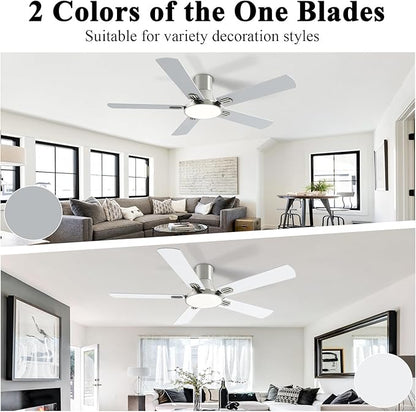 SNJ 52 Inch Brushed Nickel Ceiling Fans with Lights and Remote,Flush Mount Low Profile 5 Blades Ceiling Fan,Dimmable Quiet Reversible DC Motor for,Living Room,Bedroom and Patio