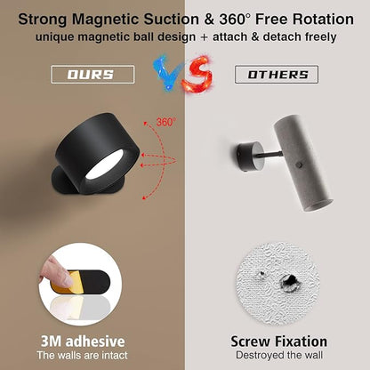 AKSDA LED Reading Lights, Wall Mounted Sconces with 3 Color Temperatures & 3 Brightness Levels, Rechargeable Battery Operated Touch Control 360° Magnetic Ball for Study Bedside Bedroom