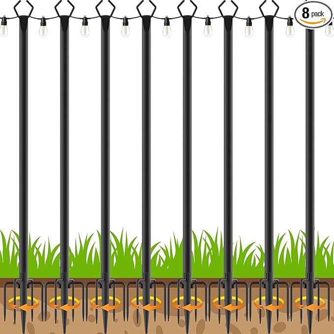 AILBTON 10Ft String Light Poles 8 Pack,Light Poles for Outside Lights,Outdoor with Fence Brackets Hanging Lights,Metal Stand Deck Patio Backyard