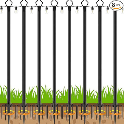 AILBTON 10Ft String Light Poles 8 Pack,Light Poles for Outside Lights,Outdoor with Fence Brackets Hanging Lights,Metal Stand Deck Patio Backyard