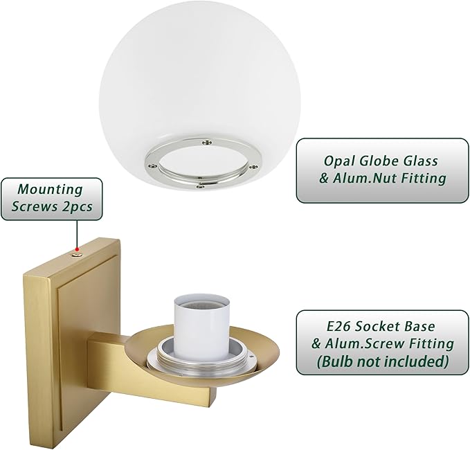 Aged Brass Wall Sconce Light, Modern Sconces Wall Lighting, 1 Light Globe Bathroom Vanity Lighting with Opal Glass Shade, Wall Light for Bedroom Bathroom Living Room Entryway Hallway
