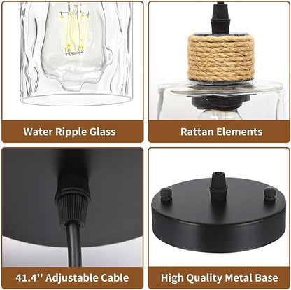 3 Pack Farmhouse Water Ripple Glass Pendant Lights for Kitchen Island, Black Kitchen Pendant Lighting, E26 Hanging Light Fixture for Dining Room, Bedroom, 41" Adjustable Cord, Bulb Not Include