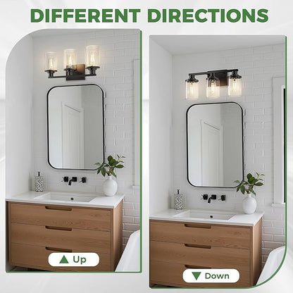 DORESshop 17 Inch Bathroom Light Fixtures, 3-Light Black Bathroom Lighting Fixtures Over Mirror with Clear Glass Shade, Vanity Lights for Bathroom Living Room Bedroom, ETL Listed