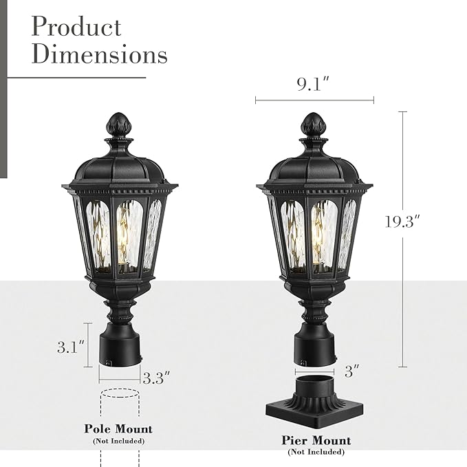 Emliviar 19.3 Inch Lamp Post Light Fixture, Matte Black Pillar Outdoor Lantern for Garden and Patio, E26 Base, Water Ripple Glass, XE304P-M BK-SW