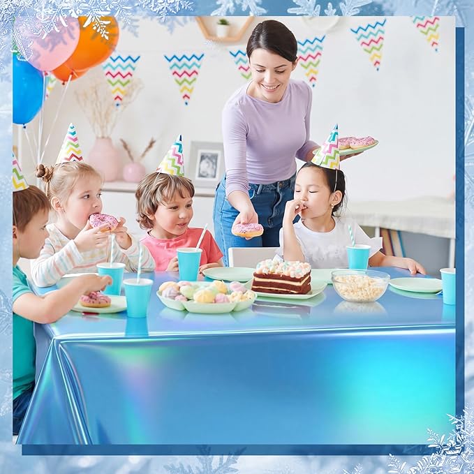 Oudain 3 Pcs Frozen Theme Party Blue & Purple & Silver Iridescent Party Tablecloth 54 x 108 Inch Plastic Rectangle Tablecloth Waterproof Table Cover for Frozen Theme Birthday Decoration