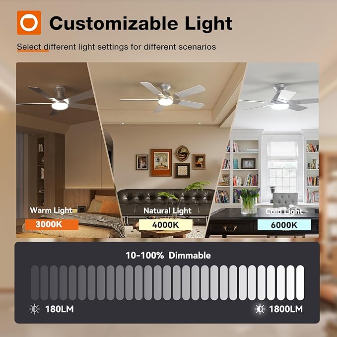 addlon Ceiling Fans with Lights, 52 Inch Low Profile Ceiling Fan with Light and Remote Control, Flush Mount, Reversible, 3CCT, Dimmable, Quiet, Silver Ceiling Fan for Bedroom Indoor/Outdoor Use
