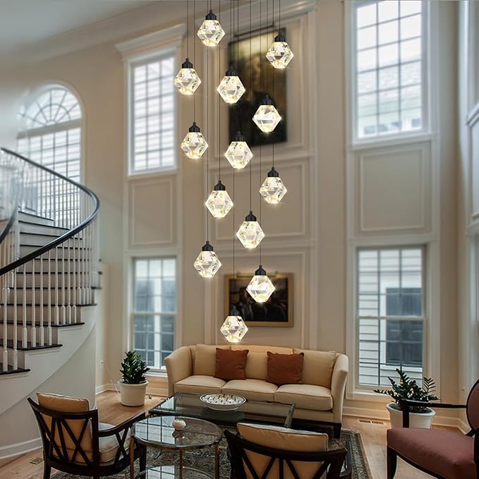 H138in Foyer Chandelier Staircase Chandeliers for High Ceiling Black Pendant Light Fixture 14-Lights Crystal Chandelier Lighting Fixture for Living Room Staircase Villa