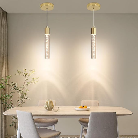 2 Pack Modern Kitchen Island Hanging Light, Gold LED Pendant Lights Fixture, Bubble Acrylic, 3 Color Temperatures, Mini Ceiling Chandelier Lighting for Dining Room, Bedroom, Foyer Entrance, Cafe Bar