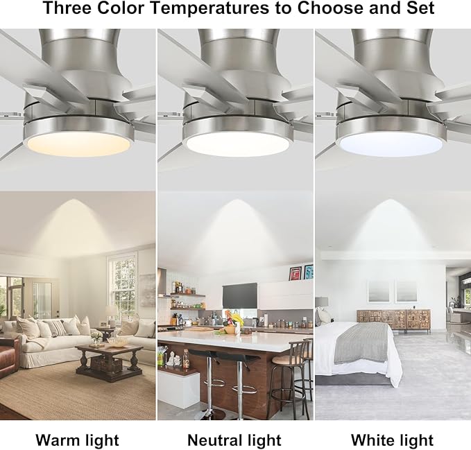52 Inch Flush Mount Brushed Nickel Ceiling Fan with Light and Remote Control.Noiseless,Dimmable,3CCT,6 Speeds Reversible, Low Profile DC Ceiling Fans for Indoor or Covered Outdoor Use,ETL Listed