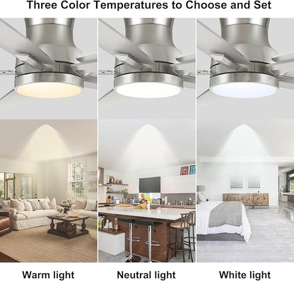 42 Inch Flush Mount Brushed Nickel Ceiling Fan with Light and Remote Control.Noiseless,Dimmable,3CCT,6 Speeds Reversible, Low Profile DC Ceiling Fans for Indoor or Covered Outdoor Use,ETL Listed