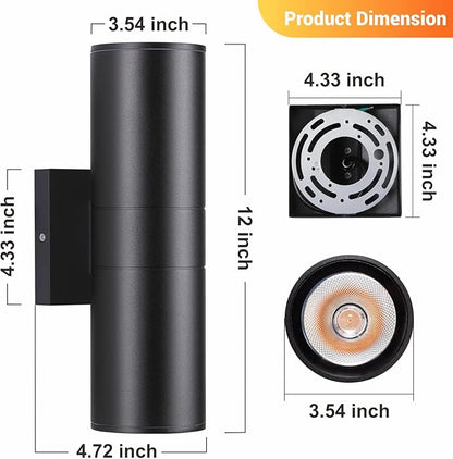 DAKAFUL Outdoor Wall Lights 2 Packs, Integrated LED Cylinder Up Down 12W 2700K Modern Aluminum Light, Waterproof Exterior Light for Porch Patio Door, Matte Black