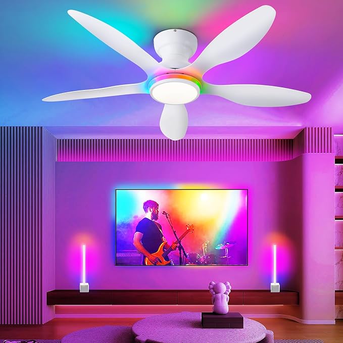 Ceiling Fans with Lights, 46 inch Modern Low Profile Ceiling Fan with Light and Remote App Control, Flush Mount, Quiet DC Reversible, RGB Led Ceiling Fan for Bedroom Kitchen Indoor/Outdoor Patio White