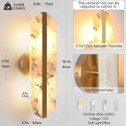 15.7" Natural Alabaster Wall Sconces Marble Wall Sconces Gold Bathroom Vanity Wall Light Fixtures Modern Oval Stone Wall Lamp for Bedroom Living Room Hallway Restaurant Stairs