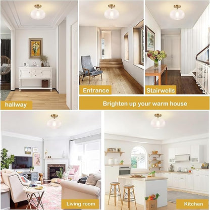 Gold Semi Flush Mount Ceiling Light Fixture,Hallway Light Fixtures,Vintage Ceiling Light Fixture,Globe Glass Ceiling Fixture,Hanging Ceiling Lamp,Farmhouse Lighting for Bathroom Entryway Bedroom