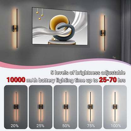 31.5 inch Battery Operated Wall Sconce Set Of 2, 10000mAh Rechargeable Wall Light With Remote Control, RGB Dimmable Wireless Sconces Wall Decor For Bedroom Living room Hallway, 360°Rotate, Black