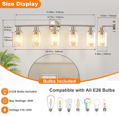 DLLT 5-Light Bathroom Light Fixtures: Nickel Modern Vanity Lights with E26 Bulbs - Clear Glass Shade Bathroom Wall Lamp for Mirror Kitchen Living Room Hallway Cabinet Porch