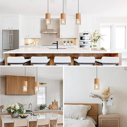 3-Pack Gold Pendant Lights for Kitchen Island, Adjustable Modern Pendant Light Fixtures with Raw Wood Grain, Industrial Amber Glass Pendant Lights for Dining Table Hallway Bedroom Living Room