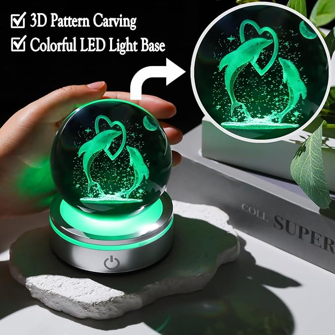 Crystal 3D Dolphins 3.15in Ball Figurine Gifts for Women, Collectible Glass Animal Art for Room with LED Light Base Keepsakes for Dolphin Lovers Home Decor Paperweight