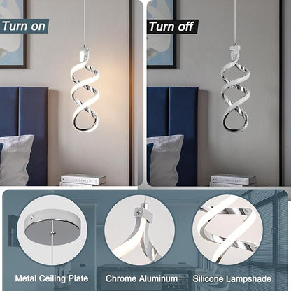 EIDISUNY 3Pack Pendant Light Fixture, 15W Chrome Spiral Led Chandelier Hanging Lamp, 3000K-6000K, Dimmable Pendant Lamp, Adjustable Height Pendant Light for Kitchen Island Dining Room Bedroom Cafe