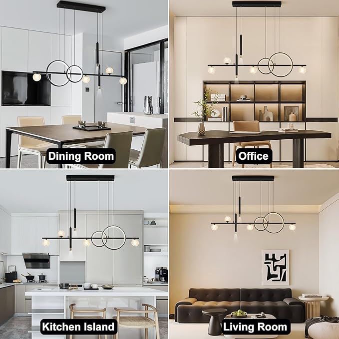 ORANOOR Modern LED Pendant Lights, Dimmable 47in Linear LED Chandelier Lighting, Upgraded Black & Gold Dining Room Hanging Light Fixtures Kitchen Island Globe Pendant Light for Dining Table (4200lm)
