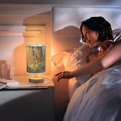 Table Lamp Forest Animal Deer Fox Butterfly Bird Flower Nightstand Lamp with Wood Base Fabric Lamp Shade Bedside Desk Lamp for Living Room Bedroom Kids Room Office