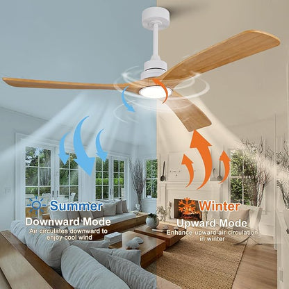 Ceiling Fan with Light 60 inch,Remote Control,Wall Switch,Solid Wood Blades,Dimmable,Reversible Quiet DC Motor,Power Off Memory Modern White Ceiling Fan for Bedroom Patio Indoor/Outdoor Use