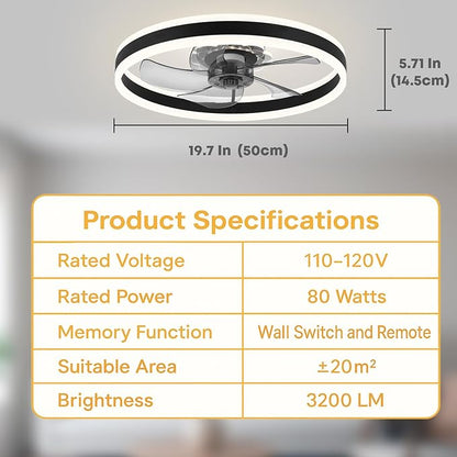 Fszdorj Ceiling Fan with Light, Upgraded 20‘’ Low Profile Fan, Flush Mount Ceiling Fan, 6 Speeds, Dimmable LED, App & Remote Control, Quiet DC Motor, For Bedroom, Living Room, F105 Black-D