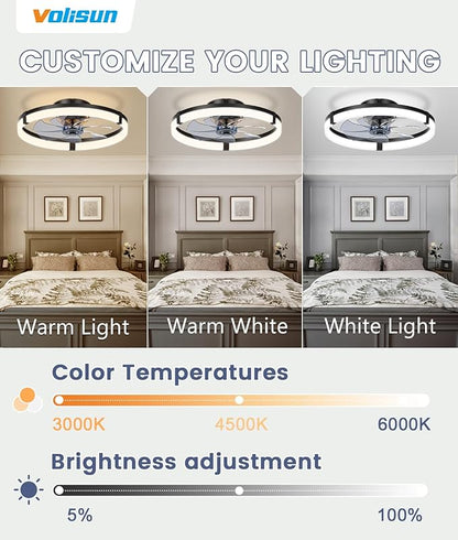 VOLISUN Low Profile Ceiling Fans with Lights and Remote, 19.7in Flush Mount Ceiling Fans with Light, 3000K-6500K Dimmable Fandelier Ceiling Fan, Bladeless Ceiling Fan for Bedroom(Black)