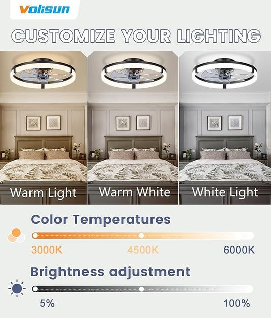 VOLISUN Low Profile Ceiling Fans with Lights and Remote, 19.7in Flush Mount Ceiling Fans with Light, 3000K-6500K Dimmable Fandelier Ceiling Fan, Bladeless Ceiling Fan for Bedroom(Black)