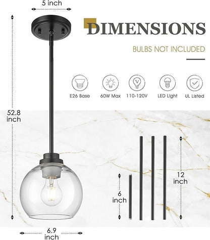Pendant Lights Kitchen Island, 7" Modern Black Hanging Lights Fixtures with Clear Glass Globe Shade, Kitchen Island Lighting for Bathroom, AD-22280-1P-BK-C