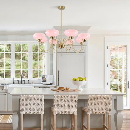 BOKT Gold Mid Century Chandelier Over Table 8-Light Pink Flush Mount Ceiling Light Fixture Kitchen Adjustable Height Ceiling Hanging Light Pink Globe Glass Chandelier for Dining Room Bedroom