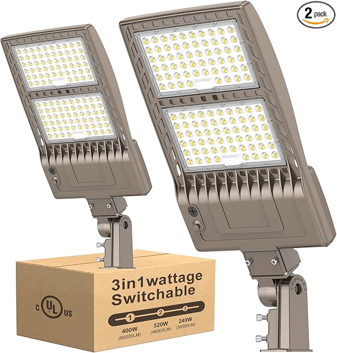 2 Pack 400W LED Parking Lot Light 60,000LM UL ETL Listed 400W 320W 240W Selectable LED Shoebox Parking Pole Light with Slip Fitter 5000K IP65 Waterproof Outdoor Street Light 100-277VAC