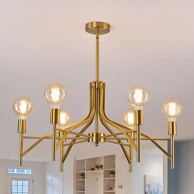 ASGYISA Modern Brass Gold Chandelier Light Fixture 6 Light Vintage Dining Room Light Fixture for Farmhouse Bedroom, Kitchen Foyer Entryway and Living Room